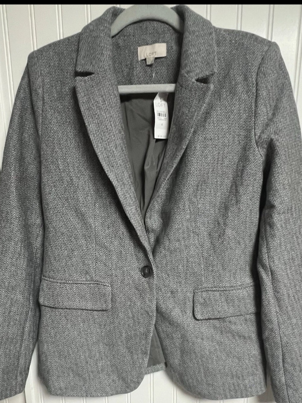 NWT Ann Taylor Loft 100% Cotton Herringbone Lined Coat Blazer Jacket Size 6 Gray
